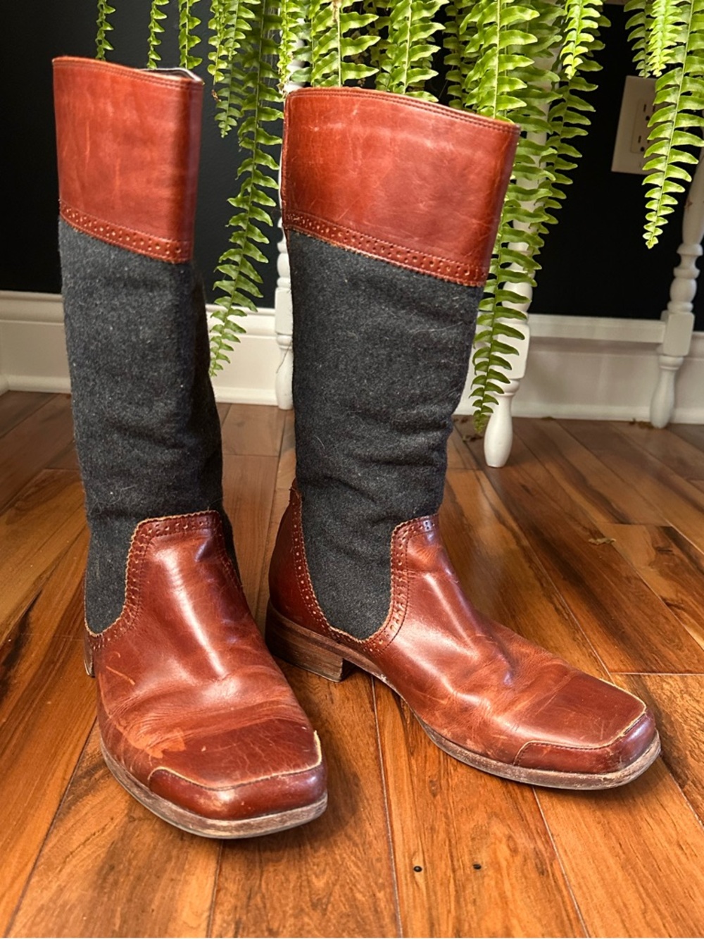 Wolverine Tall, Two-Tone, Brown Leather, and Grey Wool Riding Boots, Women’s 9 - Picture 2 of 14
